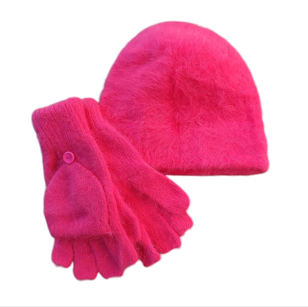 Vintage Hot Pink Fuzzy Beanie and Convertible Glove Set
